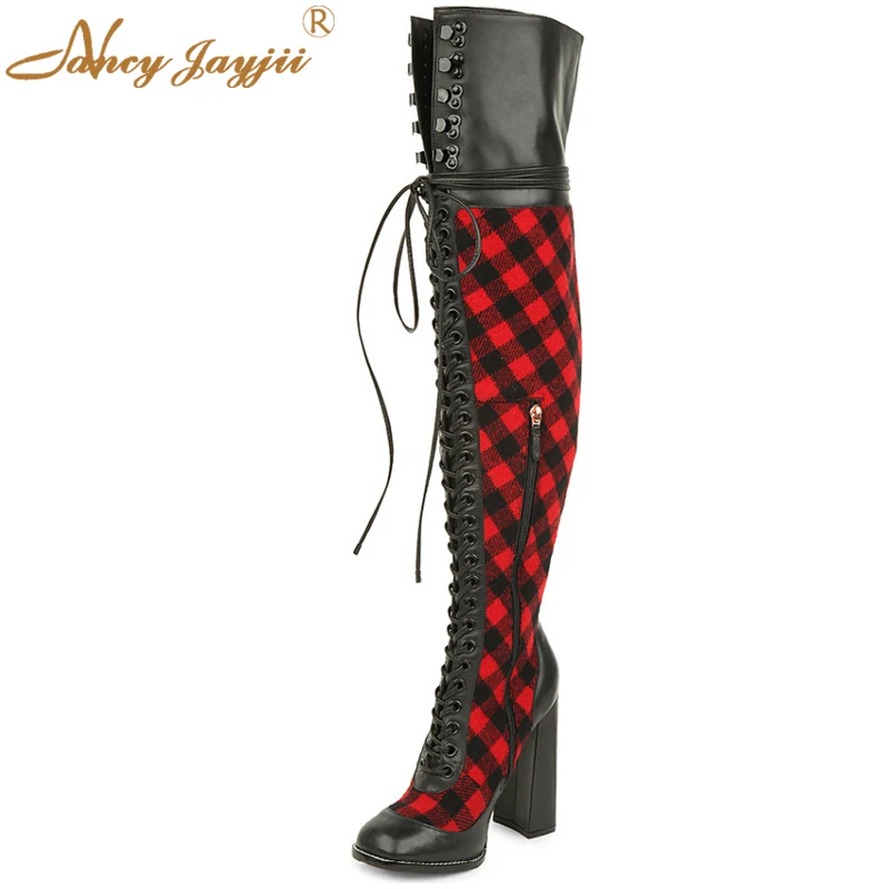 Красная клетчатая обувь, фетиш, высокие сапоги на высоком каблуке, на шнуровке, высокие сапоги до бедра для женщин, роскошная зимняя обувь, большие размеры 12, 15, 16
