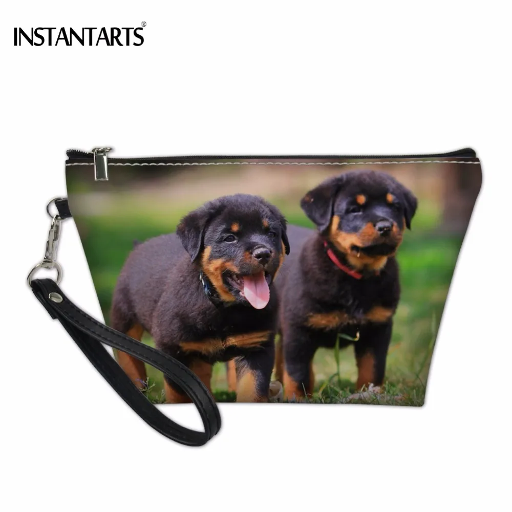 

INSTANTARTS Fashion Woman Cosmetic Bag Cute 3D Puppy Rottweiler Print Lady Makeup Bag PU Leather Travel Organizer Make Up Bags
