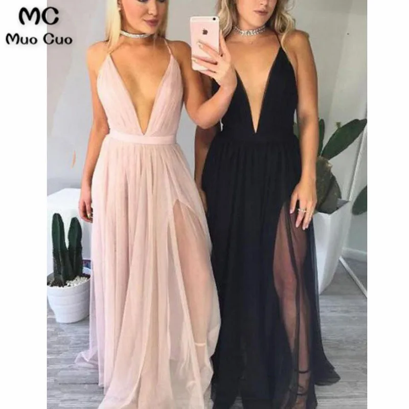 Elegant 2019 Sexy Evening Dresses Long Deep V Neck Spaghetti Straps Tulle Backless Formal Evening Party Dress Custom Made