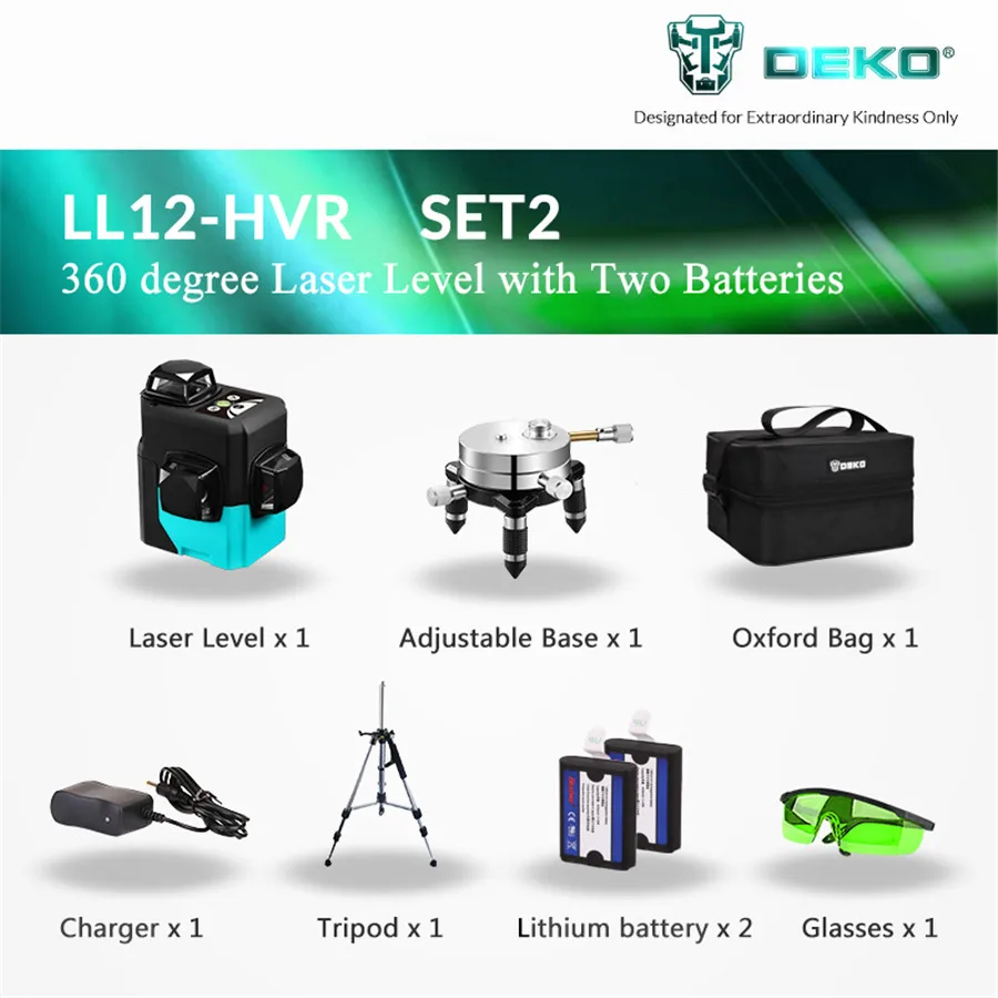 DEKO LL12-HVG, 12 линий, 360 градусов, вращающийся 3D зеленый лазерный уровень, наклон, косая линия, доступен автоматический лазерный уровень, зеленая поперечная линия - Цвет: Green Laser Set 2