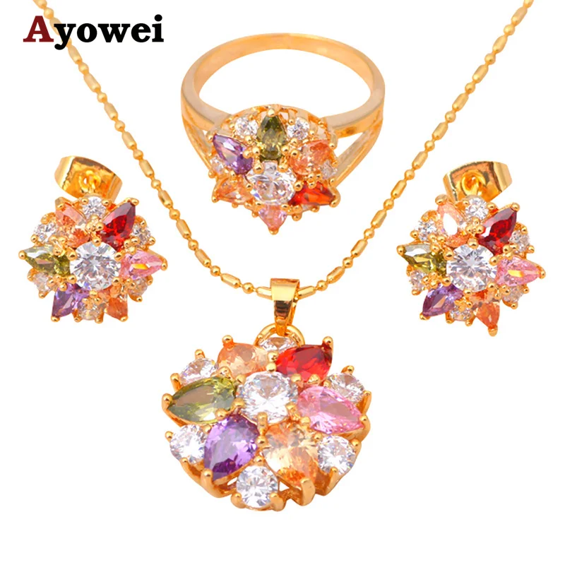 

Colorful Necklace Earrings Rings sets Wedding gifts Gold color Color Crystal AAA Zirconia Fashion Jewelry Sets JS051