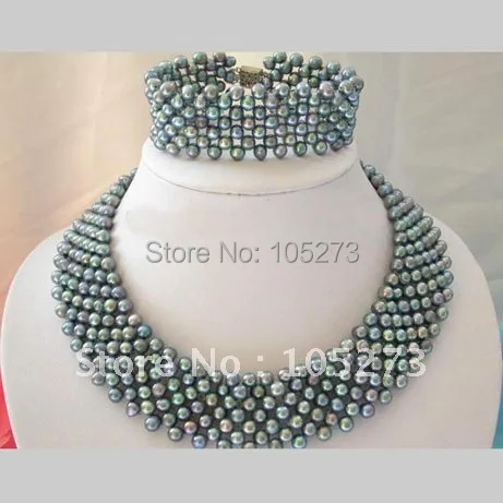 Classique noir collier de perles d'eau douce Bracelet ensemble AA 3-5 MM mode bijoux perle bijoux e