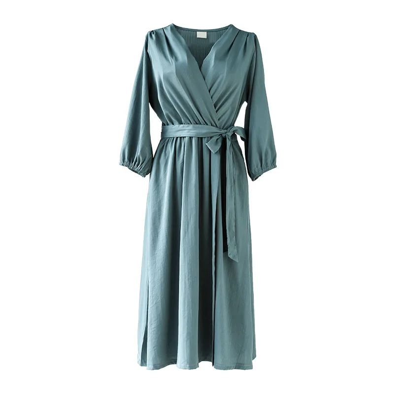 Одна деталь Повседневные платья осень мода черный голубой высокой приталенное платье женщина с v-образным вырезом и длинным рукавом Vestidos 2018