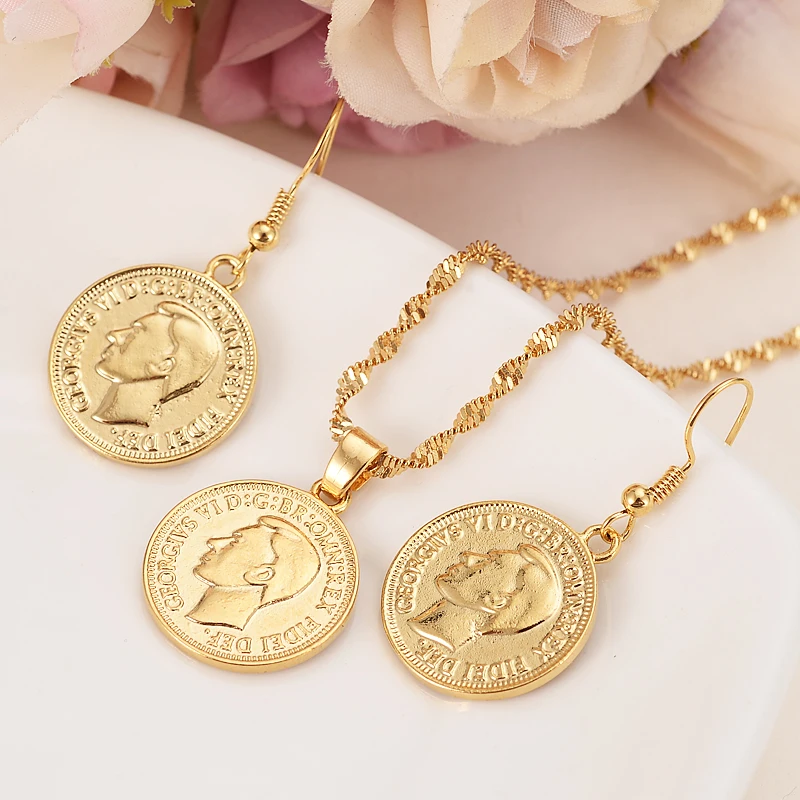 

gold jewelry set GEORGIVS VI UK half penny Old Coins Great Brittain Vintage Coins earrings pendant for women girls gift men