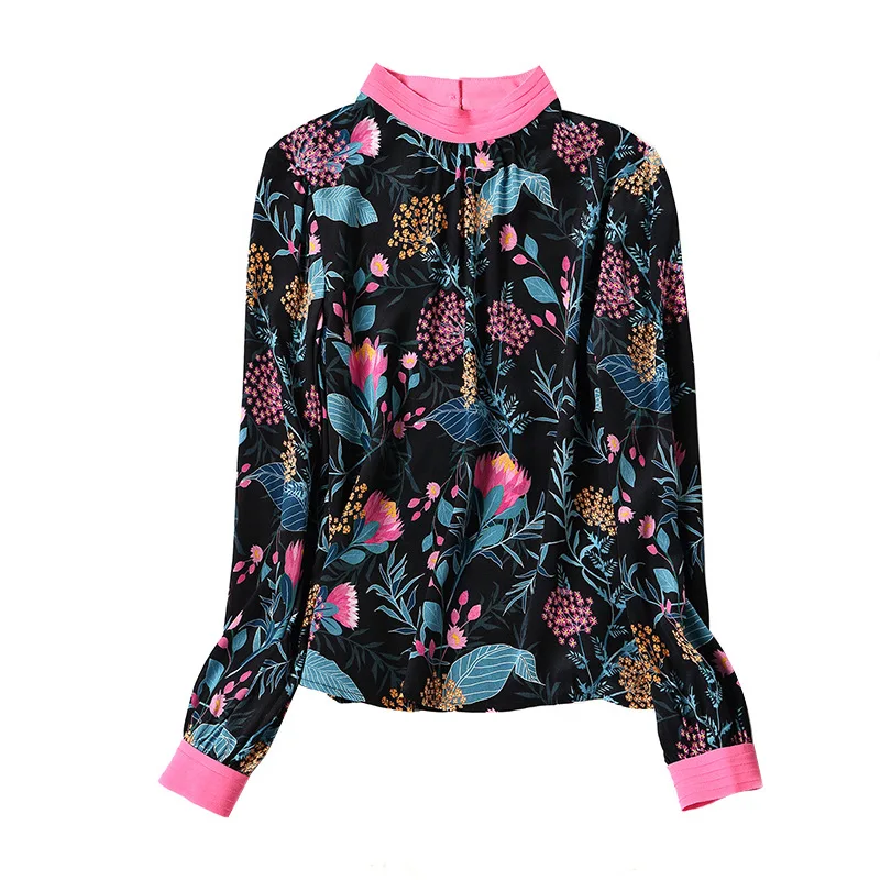 Корейская модная женская одежда, весна, новинка, с принтом, натуральный шелк, рубашки, роскошные блузы-водолазки и топы P9534 - Цвет: Синий