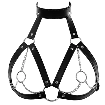 

Leather Bra for Women Crop Top Harness Lingerie Black Strap Chest Belt Body Cage Steampunk Gothic Style Plus Size Rave Halloween