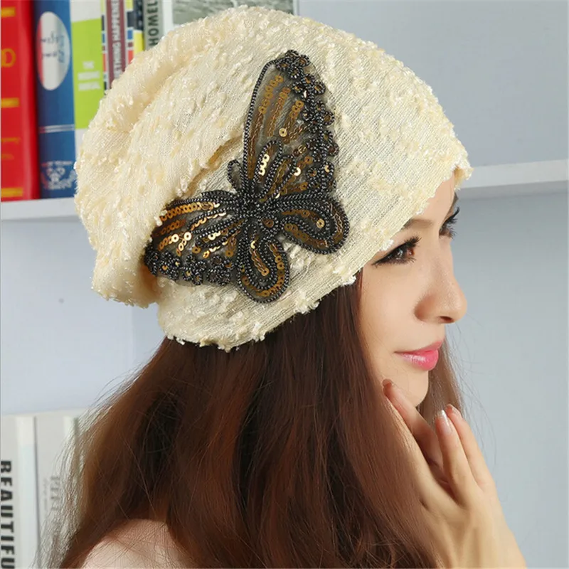 Новинка, модные женские шапки, кружевная шапочка с бабочкой для женщин, осенняя и зимняя черная, белая, 5 цветов, шапка-тюрбан skullies