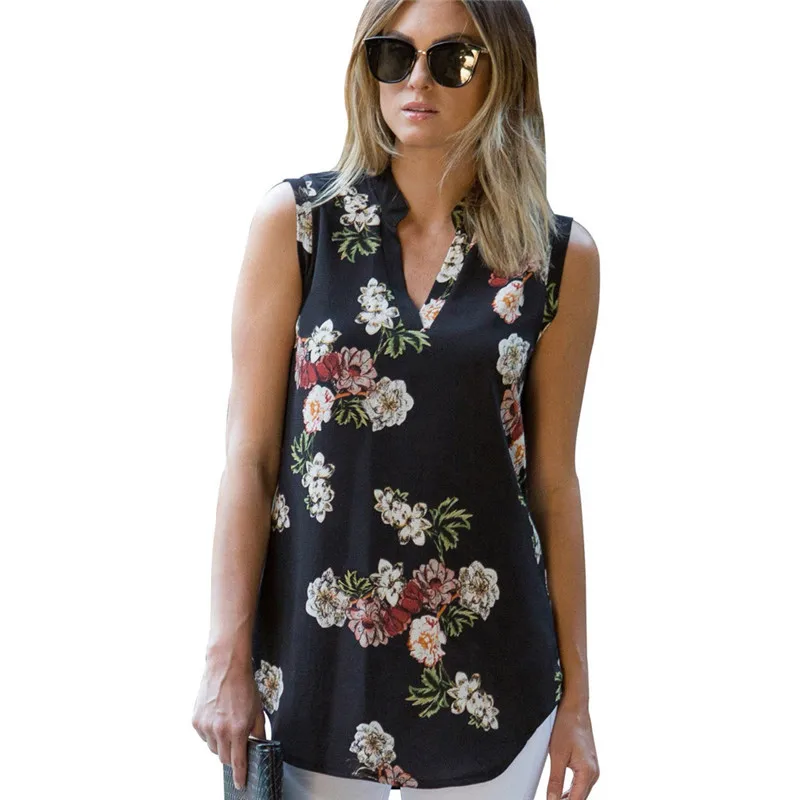 Модные винтажные блузки с цветочным принтом летние шифоновые блузки без рукавов сексуальные женские повседневные свободные футболки с v-образным вырезом