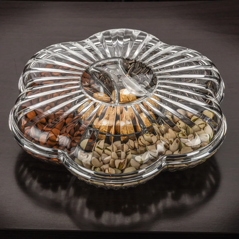 

European Acrylic Dried Fruit Plate Compartment with Cover Snack Nuts Dried Fruit Box Transparent Plastic Modern Creative