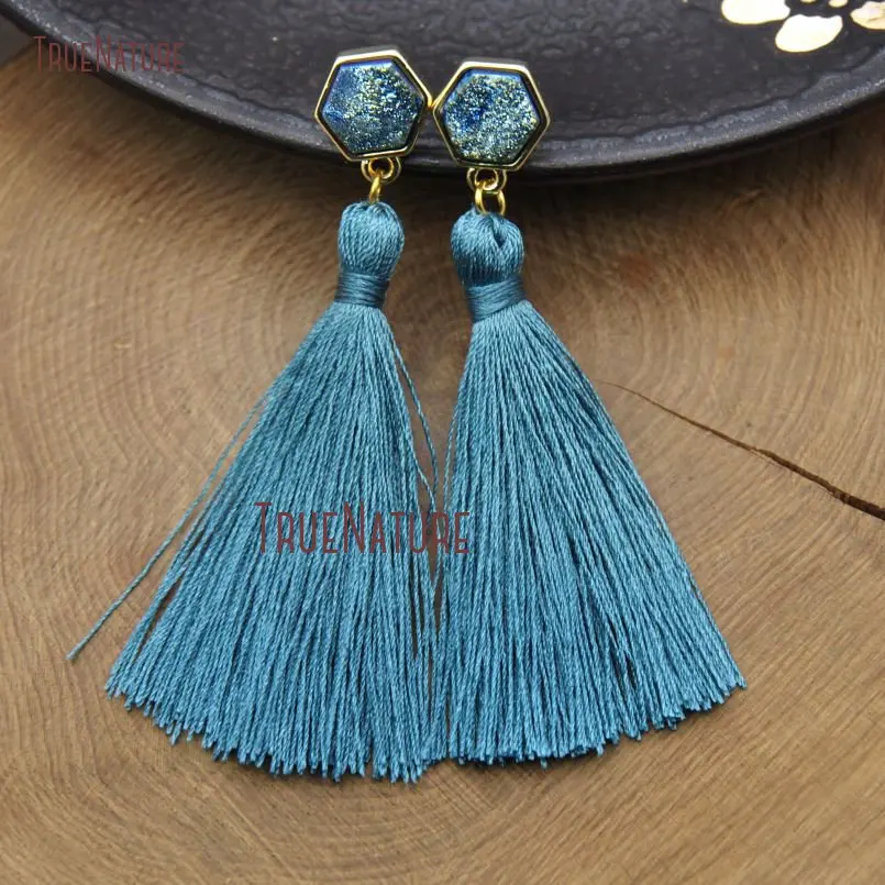 

Handmade Teal Color Thread Silk Boho Tassel Stud Earring Gold Finish Druzy Hexagon Charm Earring 3.5 inch ER9231