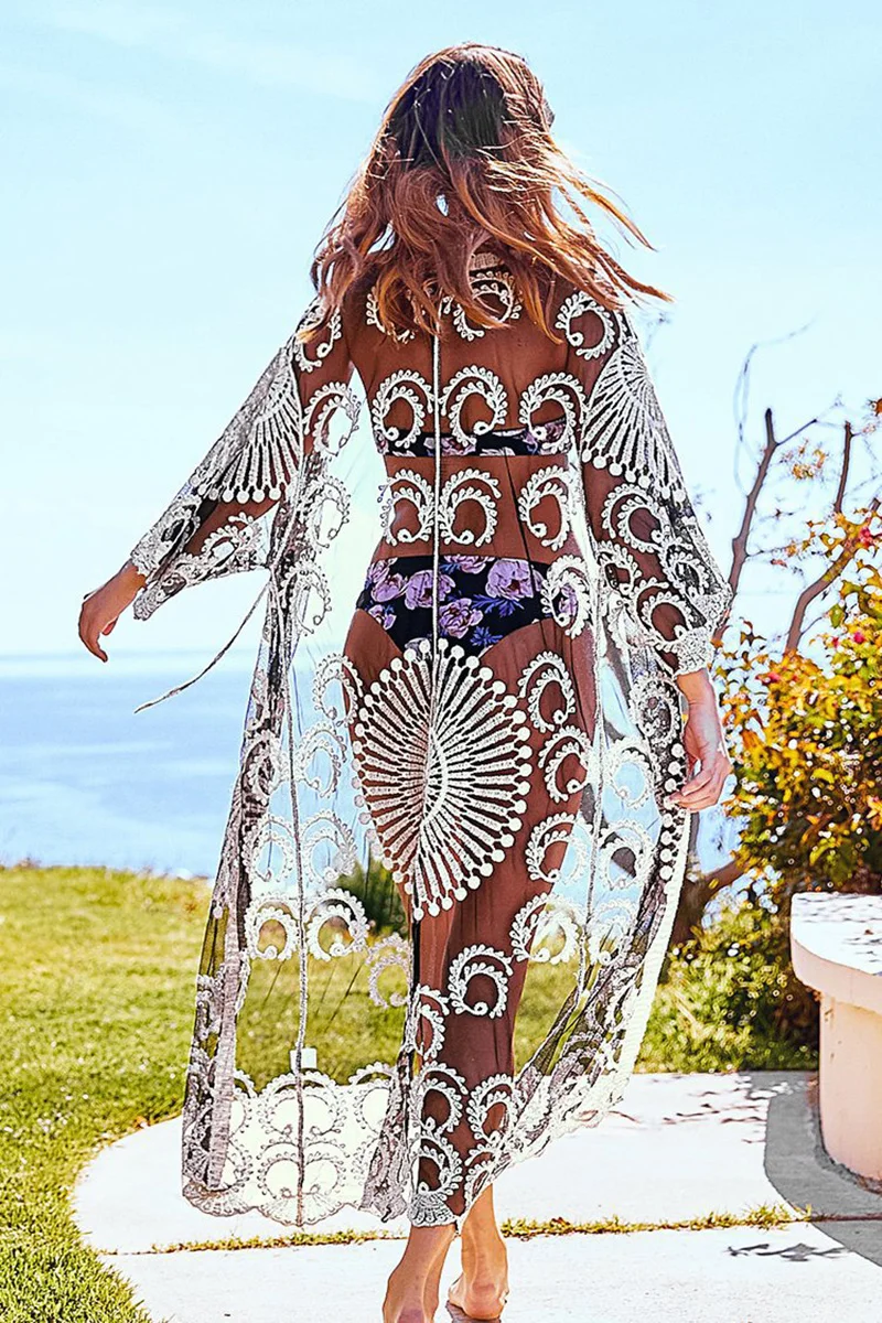 Fitshinling сетчатый пляжный купальный костюм с вышитыми цветами Прозрачное кимоно летний длинный кардиган праздничный сексуальный Горячая крышка-Ups