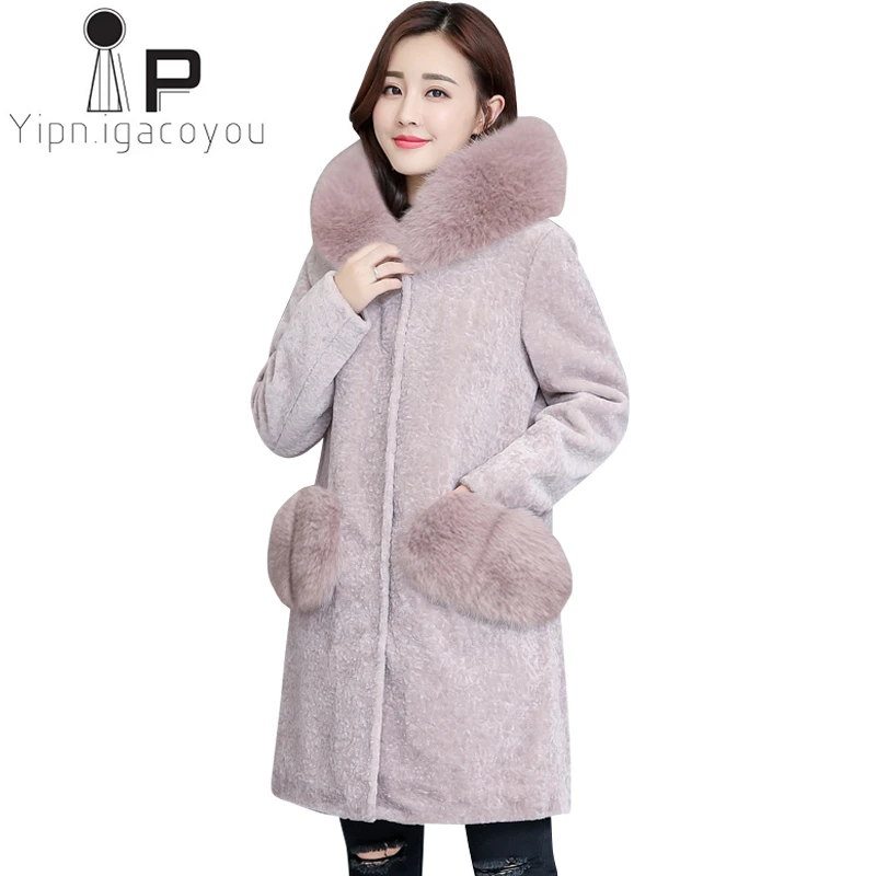 Goedkoop Winter Lange Nertsen Bontkraag Faux Bontjas Vrouwen Dubbele Geconfronteerd Bont Jas Vrouwen Overjas Mode Plus size Warm Black jassen Dames