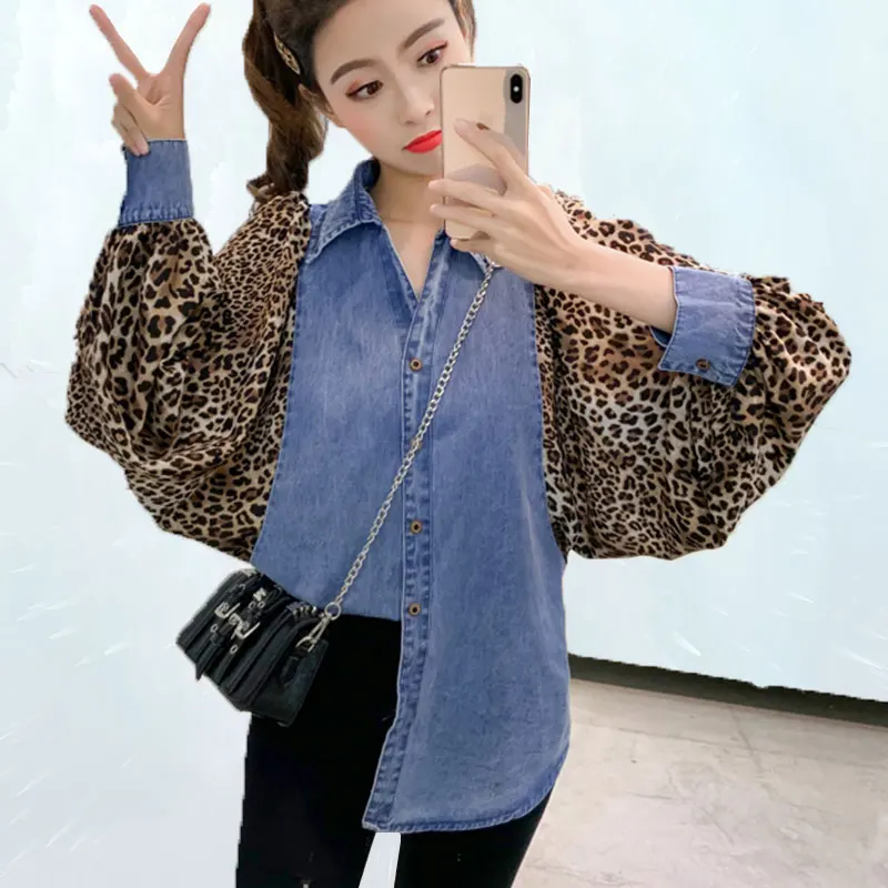 

Loose Plus size Leopard Jacket 2019 Spring Autumn Jacket Women Long Sleeve Stitched Denim Shirt Jacket Female Top SL260