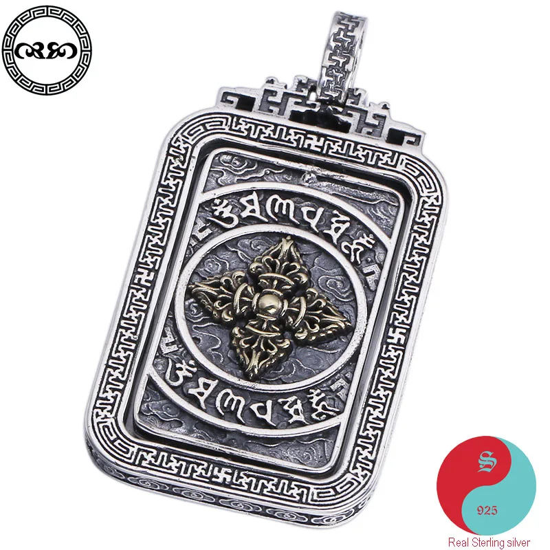

Retro Solid Real 925 Silver Sterling Necklace vintage lucky Chinese Rotating Pendant Thai Silver Cloud Six-Word Mantra pendant