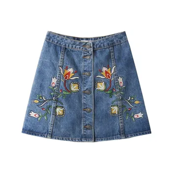 

New 2017 Summer Women Skirt Embroidery Flower Denim Skirt Washed A-Line Single-Breasted Light Blue Skirt