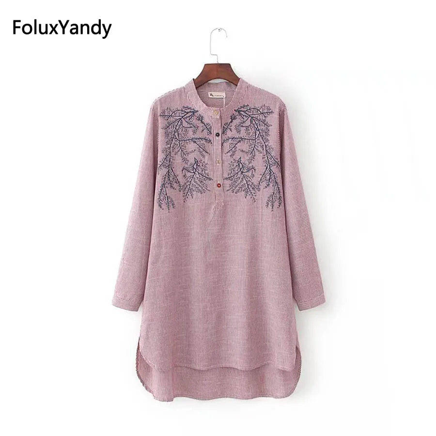 Achat Col montant Longue Blouse Chemise Femmes Plus Taille 3 4 XL Broderie Casual Rayé Chemises KKFY82