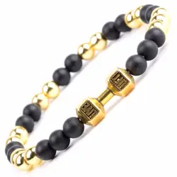 Мода 6 мм Натуральный камень браслет из бисера Для мужчин золотые гальваническим штангой Шарм Браслеты для Для женщин Фитнес ювелирные