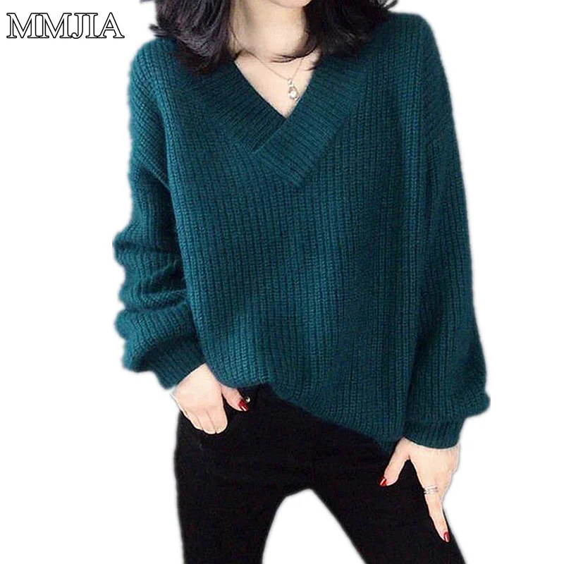 MuMuJia Knitted Sweater Autumn Women Plus Size V Neck Loose Sweater Pullovers Ladies Winter Solid Color Cashmere Sweaters Tops