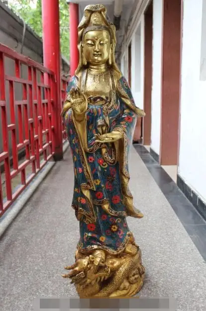 

S02608 49" Chinese Buddhism Bronze Cloisonne Stand Dragon Kwan-yin Guan Yin Statue (B0413)