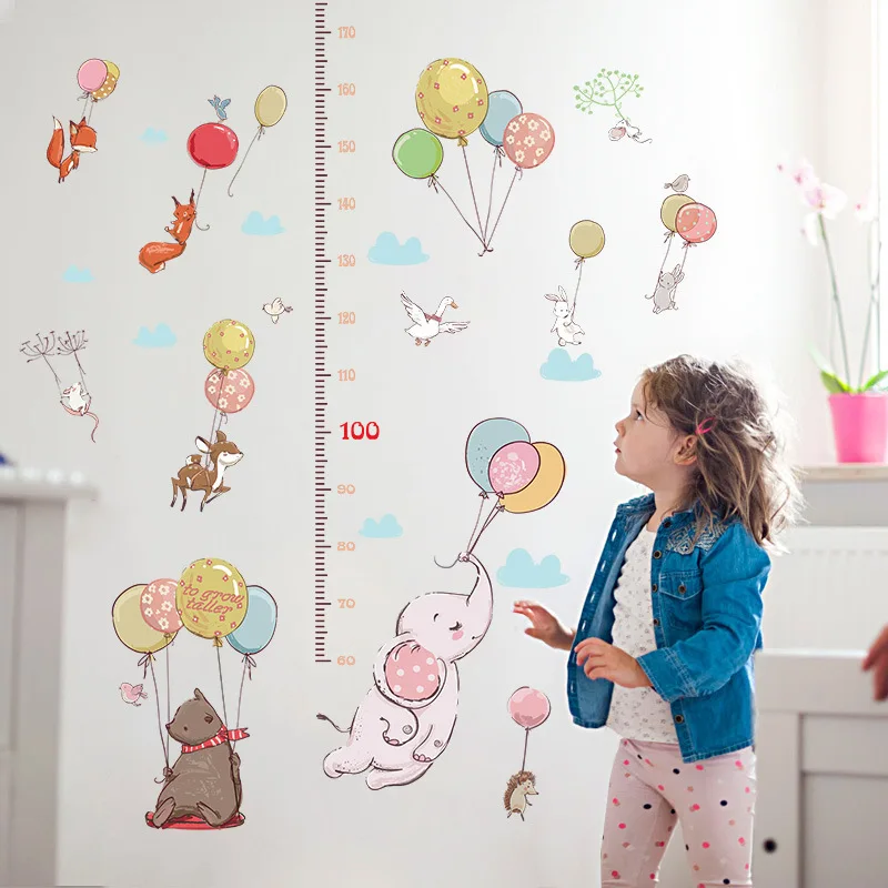 Милый слон с воздушным шаром мультфильм Животные наклейки на стену высота Линейка Мера для детской комнаты Искусство украшение дома наклейки