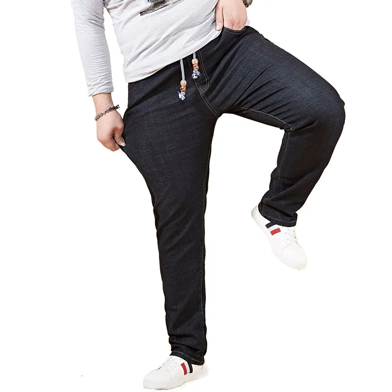 

Fertilizer Plus Men Jeans High Elastic Loose Fit Jeans Drawstring Fat Pants 2019 New Elastic Waist Large Size Denim Trousers