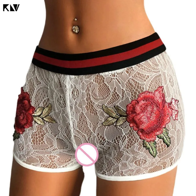 

Womens Mid Rise Erotic Sheer Floral Lace Underwear Striped Waistband Boyshorts Hipster Rose Embroidery Applique Stretch Panties