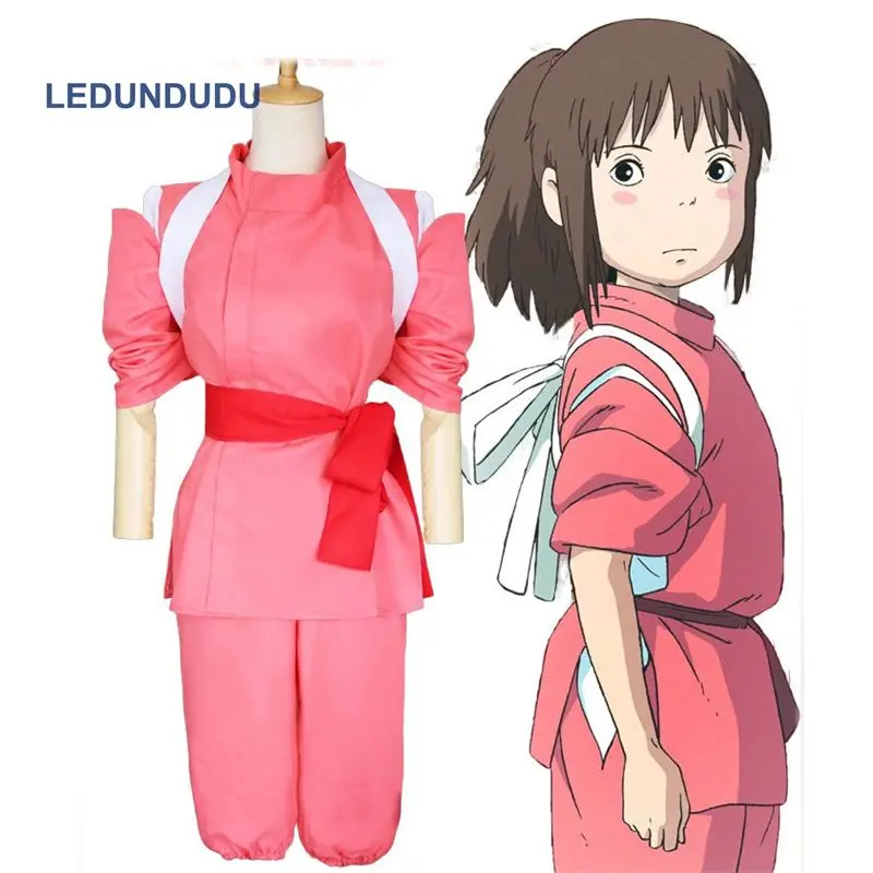 

Japan Cartoon Spirited Away Ogino Chihiro Cosplay Costumes Anime Cute Pink Women Party Uniform set for Halloween