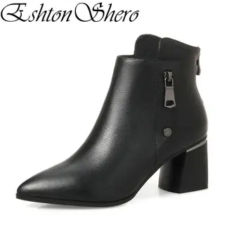 

EshtonShero Winter Shoes Woman Ankle Boots Leather+PU Black Women Square High Heel Zipper Ladies Motorcycle Boots Size 34-42