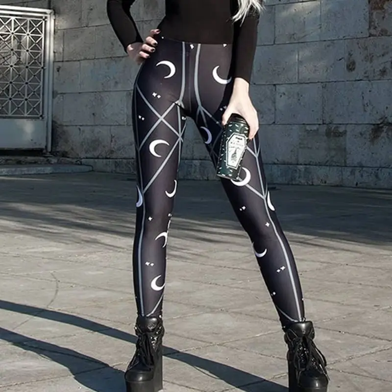 

Punk Black Gothic Fall 2019 Sexy Club Women Leggings Fitness Geometric Print Push Up Moon High Waist Female Fashion leggins