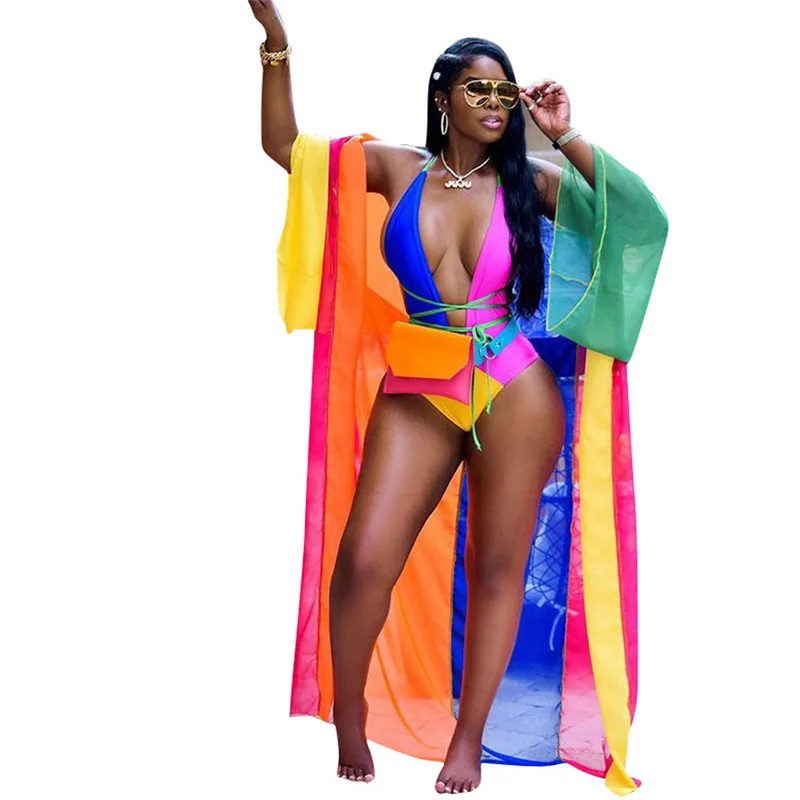 New Patchwork Rainbow Swimsuit Women One Piece Bodysuit Monokini Swimwear + Beachwear Long Cover Up Bathing Suit Cardigan5