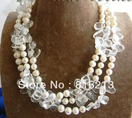 

FREE SHIPPING>>>@@ > N396 3Strands 18'' 9mm White Round Freshwater Pearl Clear Crystal Necklace