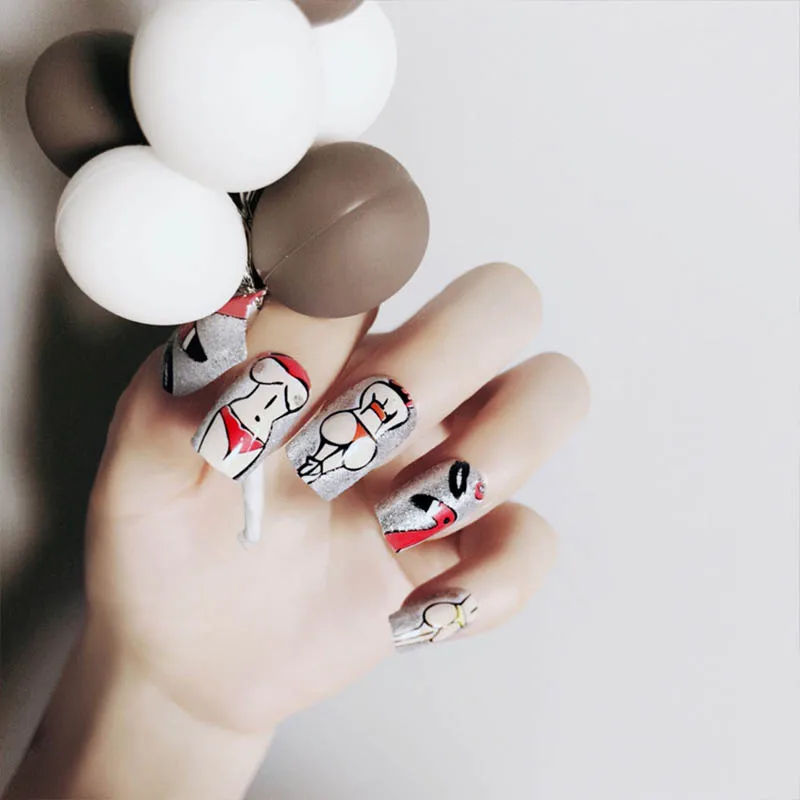 

Creative Sexy Bikini Lady Pattern Square Head Long 24pcs Fake Nail Tips Personality Shiny Artificial False Nail Art With Glue