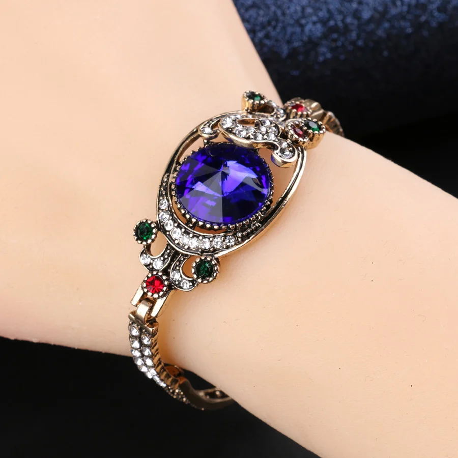 Luxury Vintage Green Satellites Bangles Antique Gold Color Colorful Crystal Turkish Bracelets For Women Bijouterie crystal bracelet