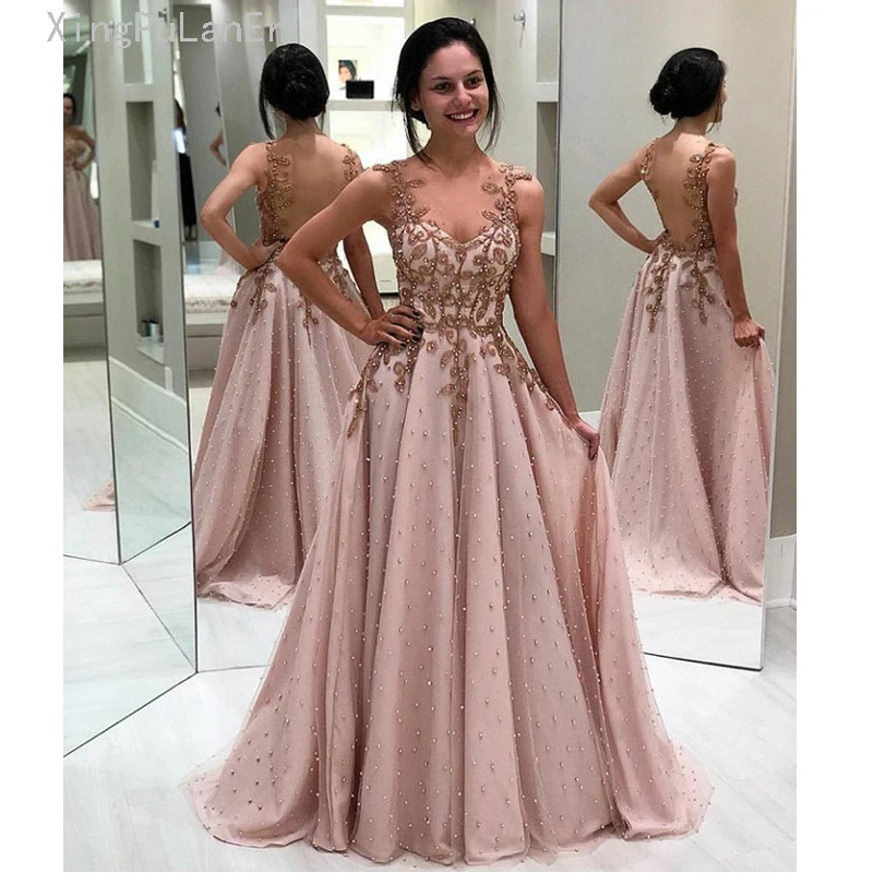 

Embroidery Lace Appliques Pearls O Neck Pink Tulle Long Floor Length Illusion Back Prom Dress Senior Evening Party Gowns