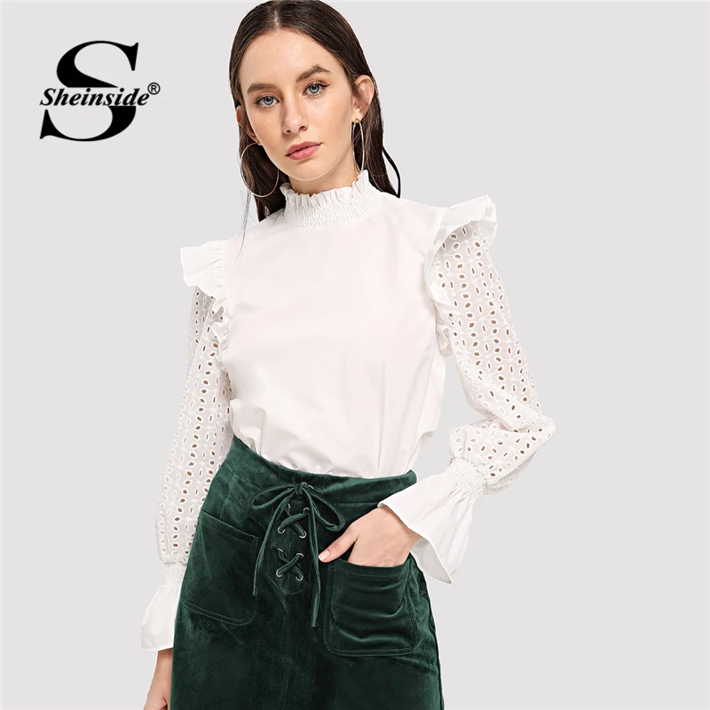 Sheinside Beige Ruffle Lace Eyelet Mock Neck Top Solid