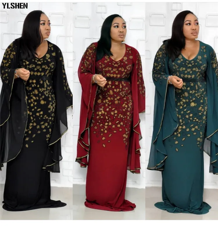 Новые африканские платья для женщин Дашики алмаз африканская одежда Базен Broder Riche сексуальный тонкий рукав рюшами халат вечернее длинное платье