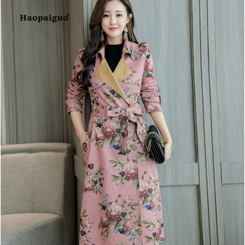 

Women Autumn Winter Coats Modis Pink Blue Full Sleeve Turn-down Collar Suede Faux Leather Print Long Coat Elegant Outwear Coats