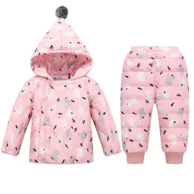 Зимняя куртка для мальчика, комплект из 2 предметов, зимний комбинезон для девочки, милый полярный медведь, зимняя одежда, штаны, верхняя одежда, детские пальто - Цвет: Pink