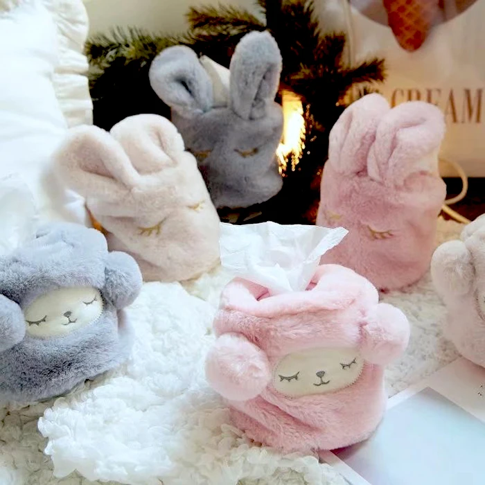 

1pc 12cm cartoon rabbit ear sheep soft plush round vehicle tissue case roll paper towel box holder girl stuffed toy gift