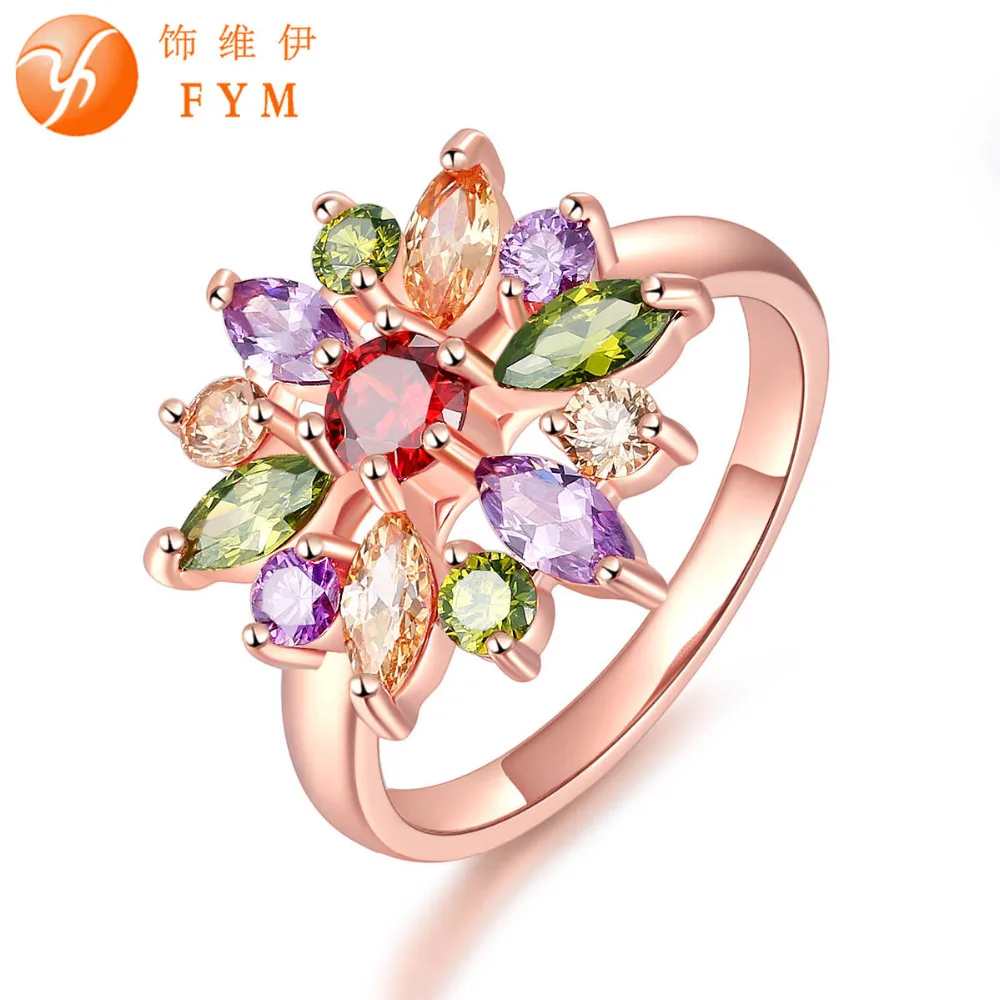 

FYM New Fashion Multicolor Cubic Zircon Ring for Women Finger Jewelry Colorful Rose Gold Color Bride Engagement Ring Wholesale