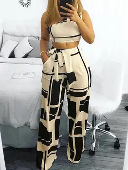 

Women Fashion Self Belted Crop Top&Pants Colorblock One Shoulder Cropped High Waist Wide Pants Set