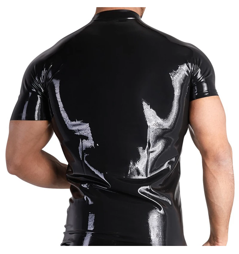 2019 Men's Sexy Faux Leather Pole Dancing Uniform Black Shiny Patent Leather PVC Latex Top with Zipper DS Nightclub Punk Uniform (7)