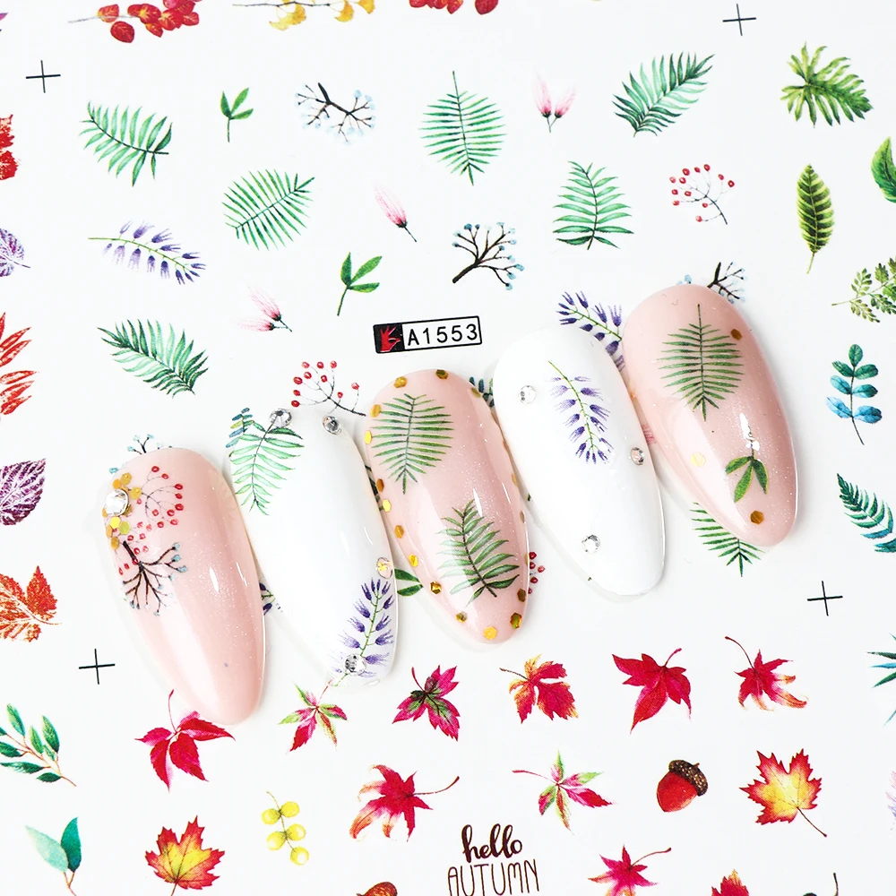12 дизайнерских переводных наклеек для ногтей, набор, лето, цветные наклейки для ногтей в виде листьев, украшения, красивые татуировки, советы CHA1549-1560