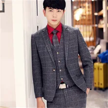 Серый на осень-зиму Мужчины Костюм 3 шт. костюмы мужчин Жених зеленый смокинг мужской костюм синий мужские клетчатые костюмы свадебные костюмы для мужчин