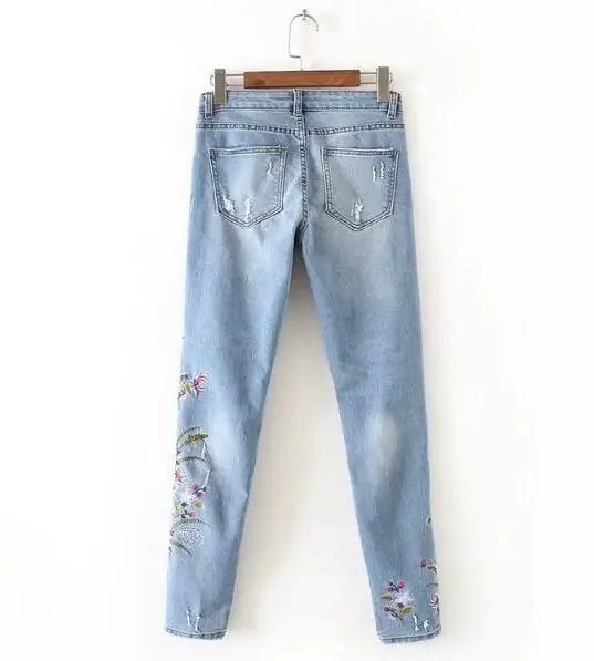 Винтаж розовый цветок вышивка отверстие джинсы Омывается синий Для женщин рваные отбеленные тонкие джинсовые штаны карманы лодыжки-Длина