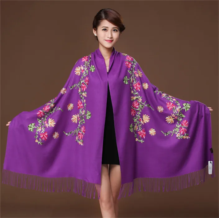 Черный вышитый цветок женский Пашмина хиджаб шарф Зимний теплый жаккард Chal длинные кисточки шаль Цветочный глушитель шарфы - Цвет: Purple
