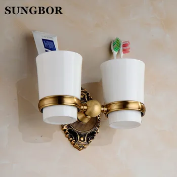 

Brass Cup-toothbrush-holder Antique Double Toothbrush Tumbler Golden Ceramic Toothbrush Cup Holder Bathroom Accessories SH-6902F