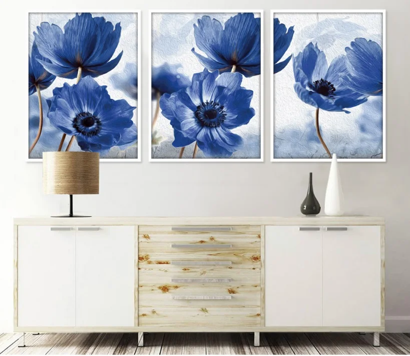 

Nordic Simole Blue Flowers 3 Pieces Decorative Paintings Wall Art Print Picture Canvas Painting Poster for Living Room No Framed