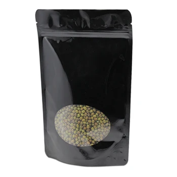 

50Pcs/Lot Black/Gold Stand Up Zip Lock Pouch For Beans Storage Pure Aluminum Foil Package Bags With Plastic Clear Round Window