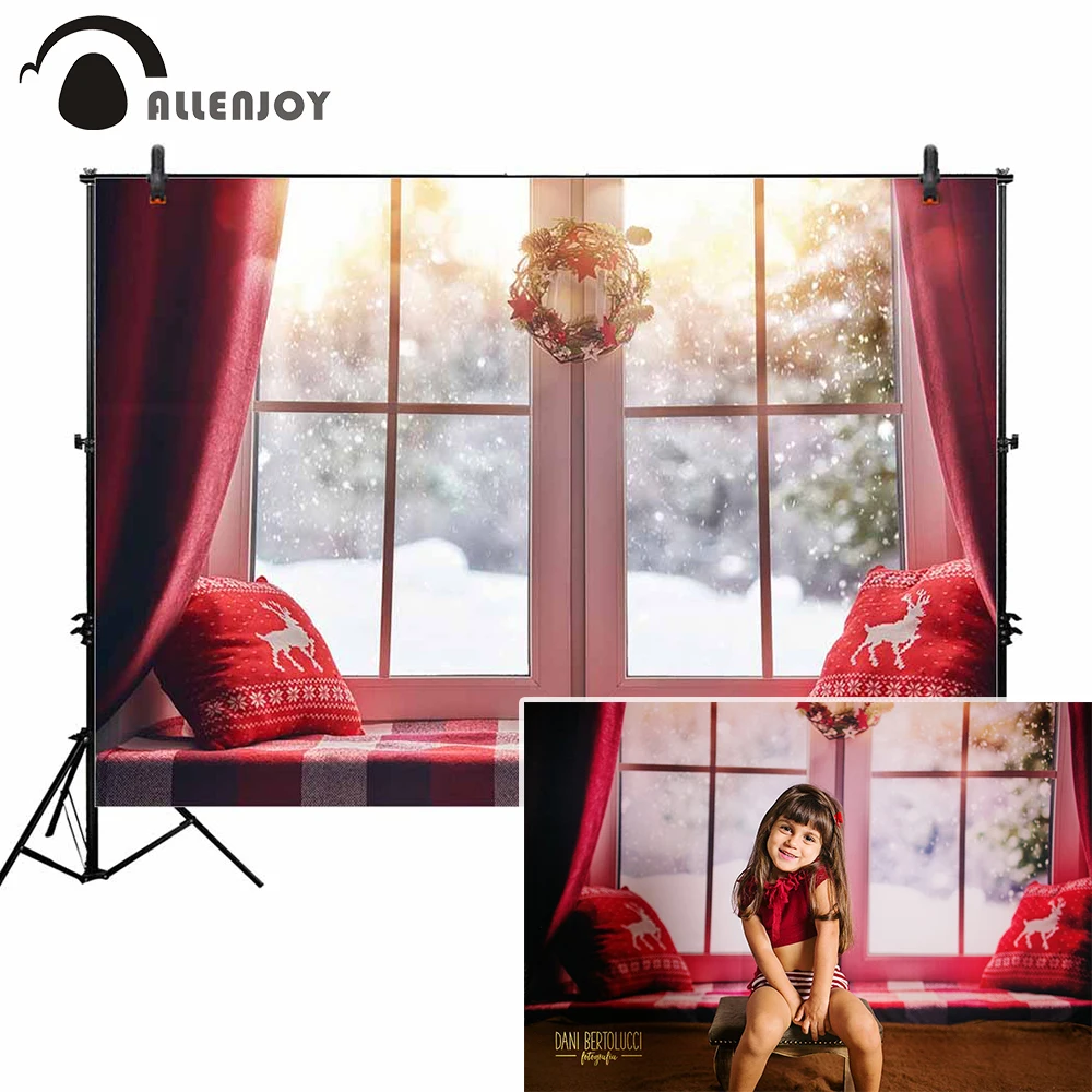 Allenjoy photo background fotografia christmas decorated window winter forest snowing red reindeer pillow photographic backdrop